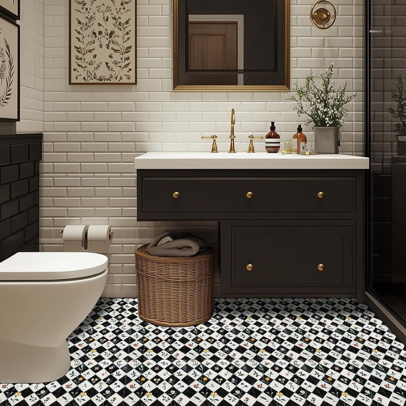 HOMETITUTE 10PCS 12x12 Inch Floral Checkerboard Peel and Stick Floor Tiles Removable Self Adhesive Vinyl Flooring Stickers for Kitchen Entryway Studio Home Decor - Image 4